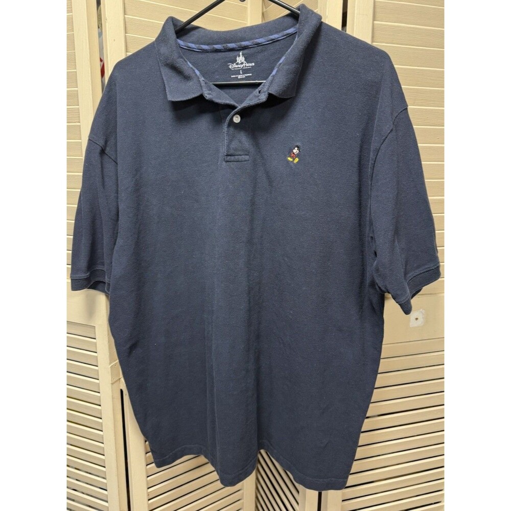Disney Parks Polo Embroidered Mickey Mouse 2-Button Blue Cotton Large Relaxed